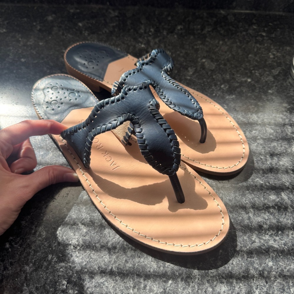 Jack Rogers Navy and Tan Leather Woven Thong Sandals